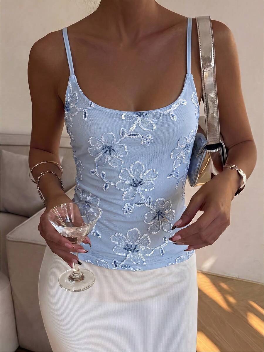Aloruh 女款花卉亮片時尚修身細肩帶背心 - 淺藍色 - 查看 1