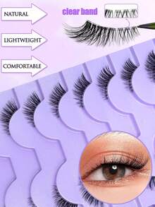 10 Pairs Semi-Long Transparent Strip False Eyelashes, 3D Cat Eye Short Soft Faux Mink Lashes, Suitable For Outer Corner, Create Natural Makeup Look - Black - View 5