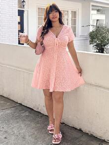 SHEIN EZwear 大尺碼夏季休閒純色紋理洋裝 - 粉色 - 查看 6