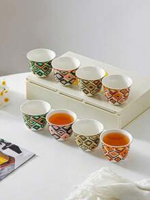 8pcs Bohemian Ikat Diamond & Zigzag Pattern Ceramic Tea Cup Set, Per Color Stackable Hand-Painted Mini Porcelain Mug, Suitable For Coffee, Kung Fu Tea, Home Gift - Multicolor - View 6