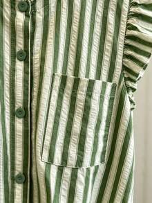 Franclia Striped Textured Round Neck Ruffle Hem Gathered Short Casual French Women's Blouse Beach Daily Green And White Summer - Multicolor - View 6