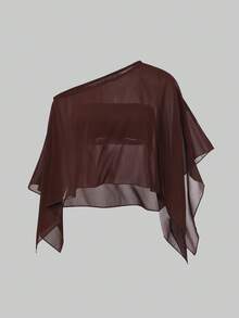 Lacomfia Plus Size Women Solid Color Asymmetrical Shoulder Casual Daily Wear Blouse - Brown - View 3