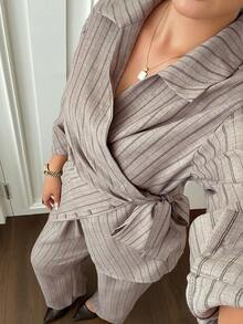 Dazy Plus Fashion Striped Casual Asymmetric Waist Tie Design Long Pants Fun Commute Spring/Autumn 2 Pieces Set - Brown - View 7