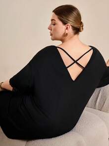 Hourtrue Camisola Casual de Malha Preta com Renda Plus Size, Moo Moo - Preto - Visão 8