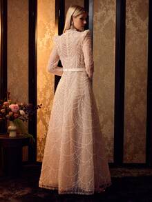 MOTF Soiréza ELEGANT WOMEN'S BEADED LONG SLEEVE MOCK NECK MAXI GOWN FOR FORMAL EVENING PARTY - Champagne - View 4