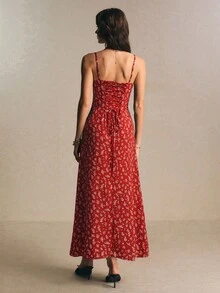 Poéselle Women's All-Over Print Pleated Casual French Romantic Party Vacation Spaghetti Strap Dress Red Floral Summer - Red - View 2