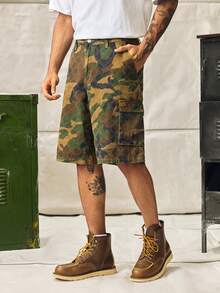 Men's Summer Camouflage Diamond Crochet Cargo Denim Shorts, Loose Wide Leg - Army Green - View 1