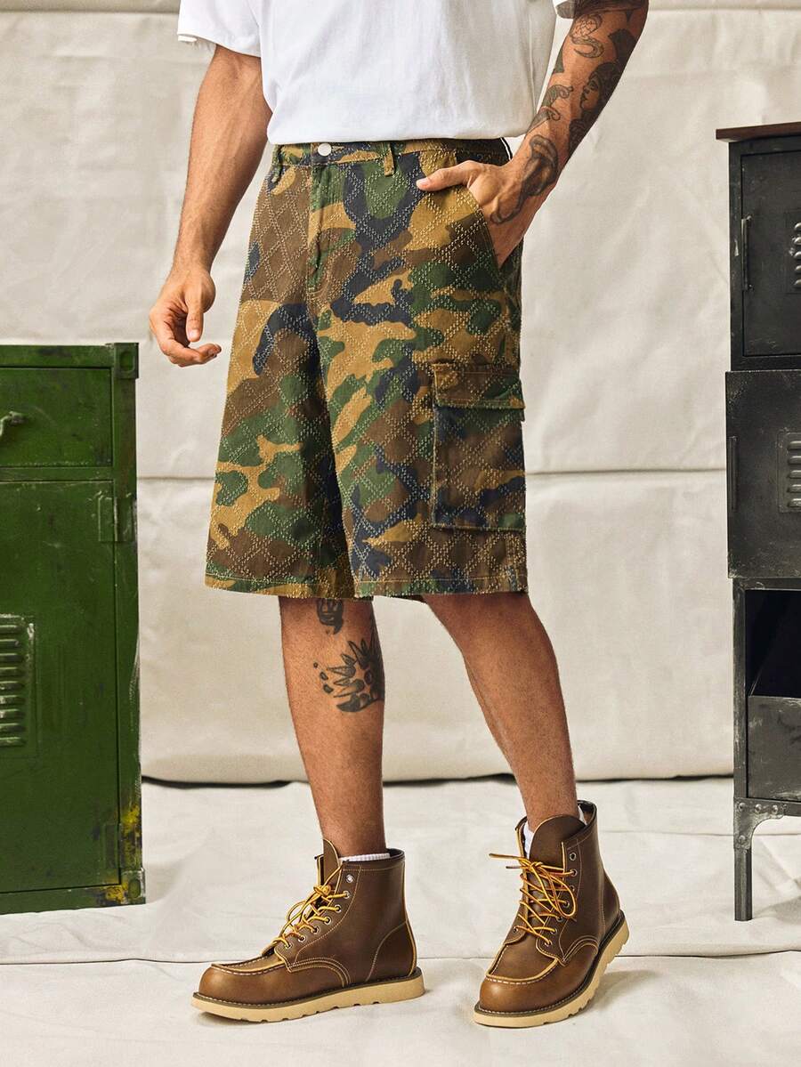 Men's Summer Camouflage Diamond Crochet Cargo Denim Shorts, Loose Wide Leg - Army Green - View 1