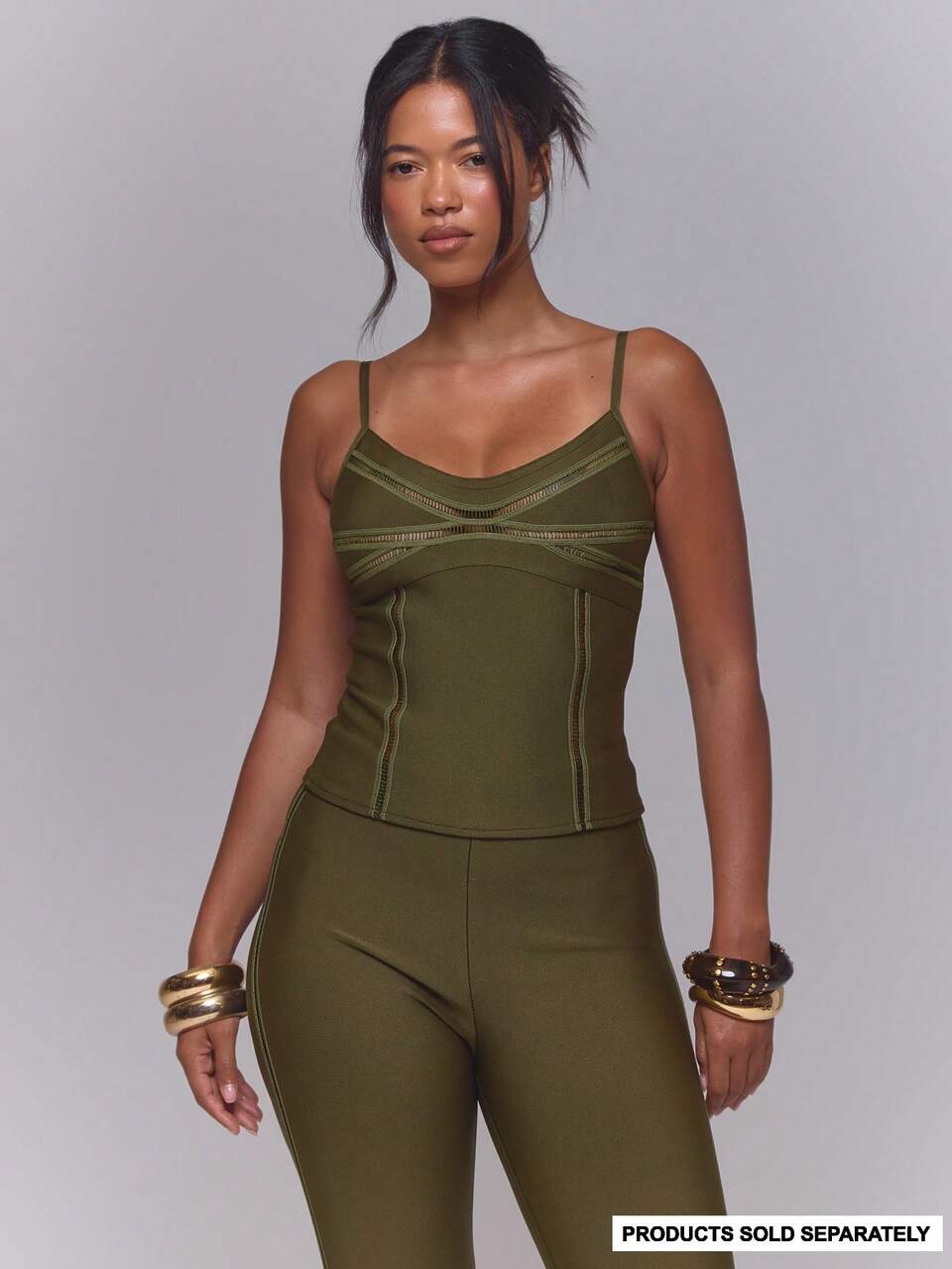 Green Woven Metallic Bandage Fitted Top