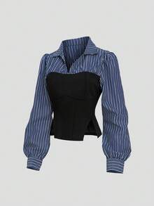 Sweetra Sweet Elegant Slim Fit Patchwork Striped Shirt With Contrast Color Lapel Design, Early Autumn Long Sleeve Casual Versatile Blouse For Women - Multicolor - View 1
