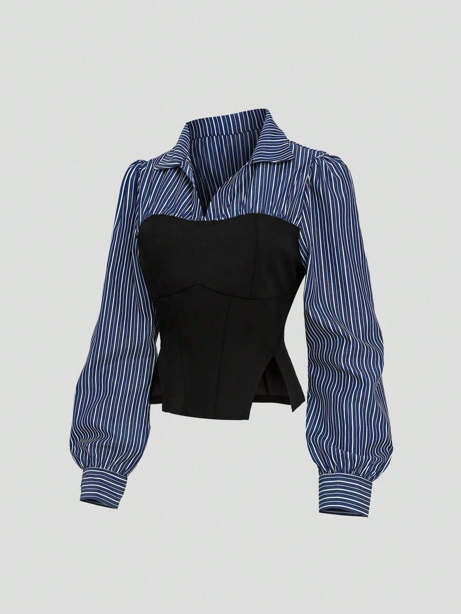 Sweetra Sweet Elegant Slim Fit Patchwork Striped Shirt With Contrast Color Lapel Design, Early Autumn Long Sleeve Casual Versatile Blouse For Women - Multicolor - View 1