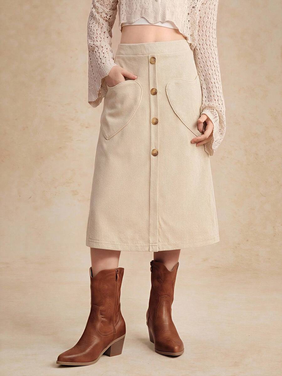 SHEIN 女童休閒 80 年代波希米亞風編織燈芯絨愛心口袋中長版修身裙,長袖抓絨,秋季服飾,派對度假生日白色 - 杏色 - 查看 1