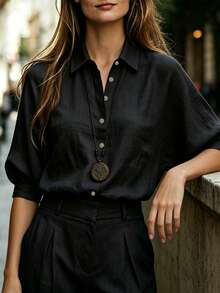 SHEIN Women's Linen Casual Commute Lazy Long Sleeve Shirt - Black - View 5