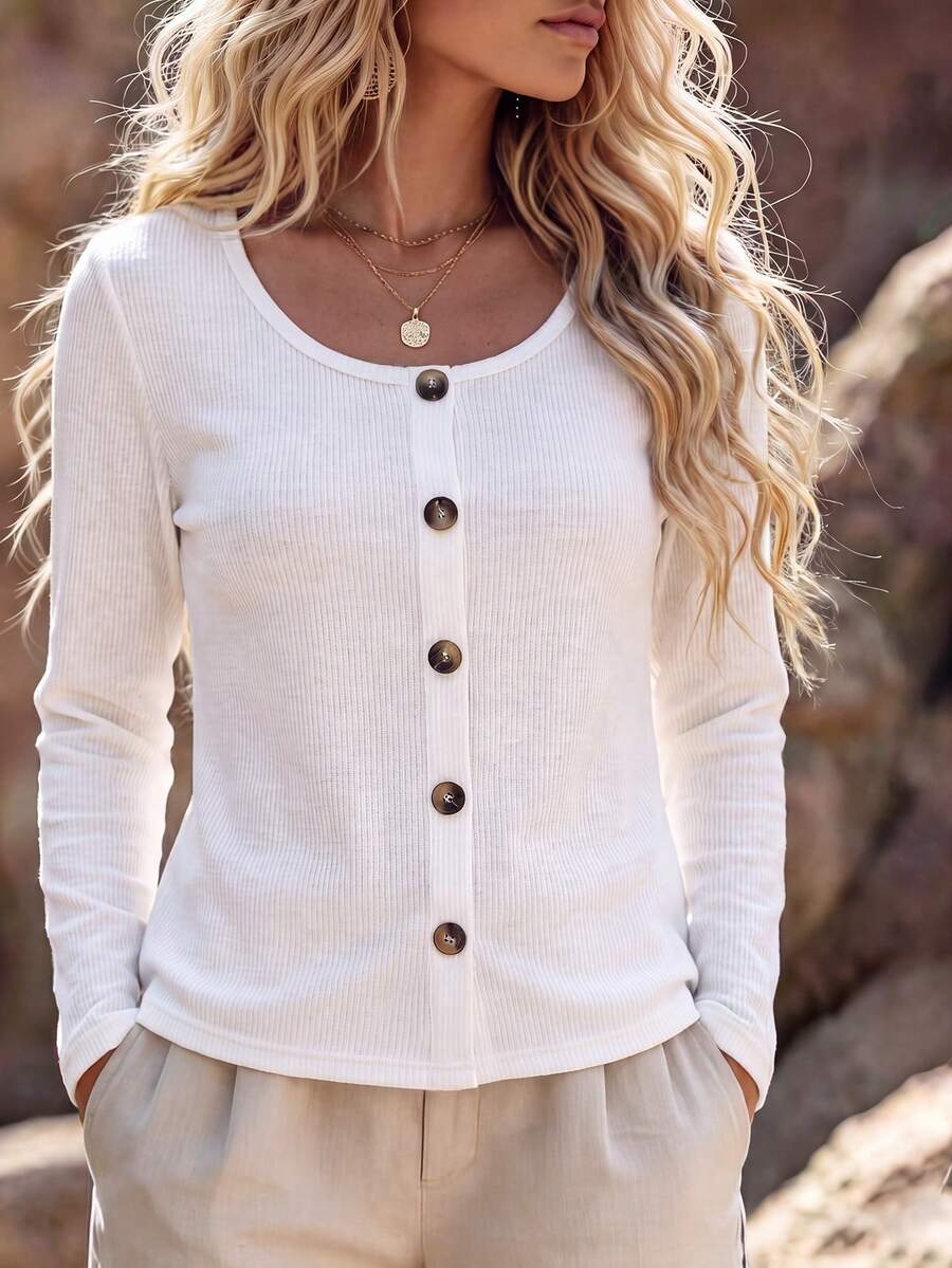 SHEIN LUNE Women's Solid Color Button Design Round Neck Long Sleeve Casual T-Shirt - White - View 1