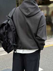 DAZY Autumn/Winter Thermal Lined Dark Gray & White Letter Print Loose Fit Cropped Hoodie For Men - Dark Grey - View 2