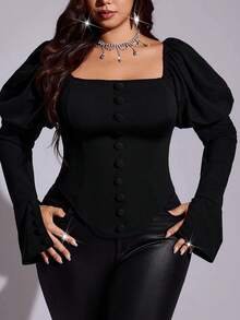 Viva Relle Plus Size Women's Elegant Blouse With Puff Sleeves, Button Decor And Asymmetrical Hem - Black - View 5