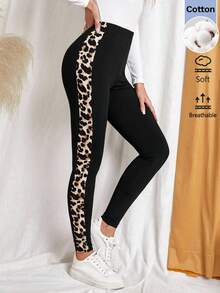 Easowa Legging Patchwork Motif Leopard untuk Wanita, Pakaian Kasual Musim Gugur/Dingin, Pakaian Sehari-hari untuk Berpergian, dan Bergaya Dasar. - Hitam - View 7