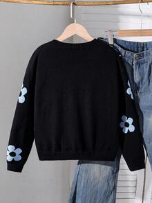 SHEIN 少女花卉圖案圓領長袖休閒毛衣 - 黑色 - 查看 2