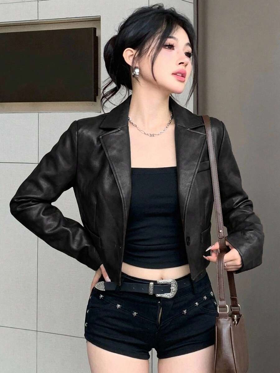 DAZY 秋季長袖深黑色PU皮革夾克，寬鬆休閒街頭戶外Y2K短版女款夾克 - 黑色 - 查看 1