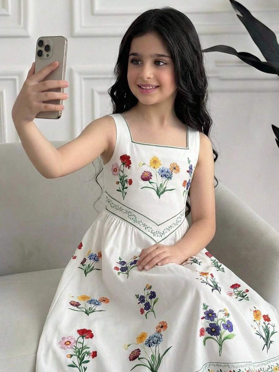 Tween Girl Spring/Summer Casual Vacation Elegant Vintage Floral Print Square Neck Patchwork Ruched Hem Dress White Tween Girl - White - View 1