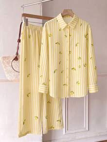 SHEIN EZwear 大尺碼條紋檸檬印花單排扣襯衫與口袋長褲兩件套 - 黃色 - 查看 7
