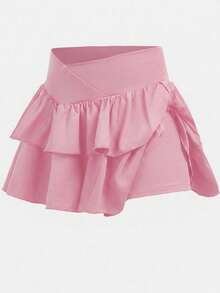 Girlism 青少年女孩休閒運動學院風開學季粉色內建內搭褲雙層荷葉蛋糕裙 腰部交叉設計裙 春夏涼爽百搭日常多功能運動時尚校服 - 粉色 - 查看 6