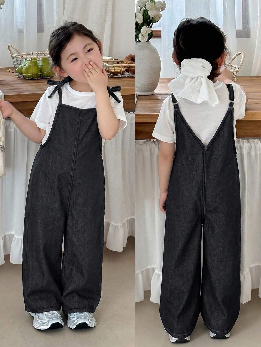 SHEIN Little Byeori 女童深藍色牛仔寬鬆連身褲 - 黑色 - 查看 1