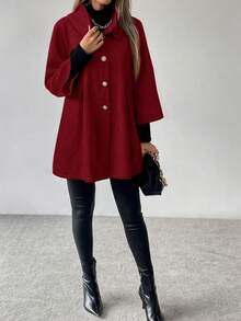 SHEIN LUNE Women's Solid Color Single-Breasted Raglan Sleeve Pleated Elegant Overcoat, Autumn/Winter - Burgundy - View 4