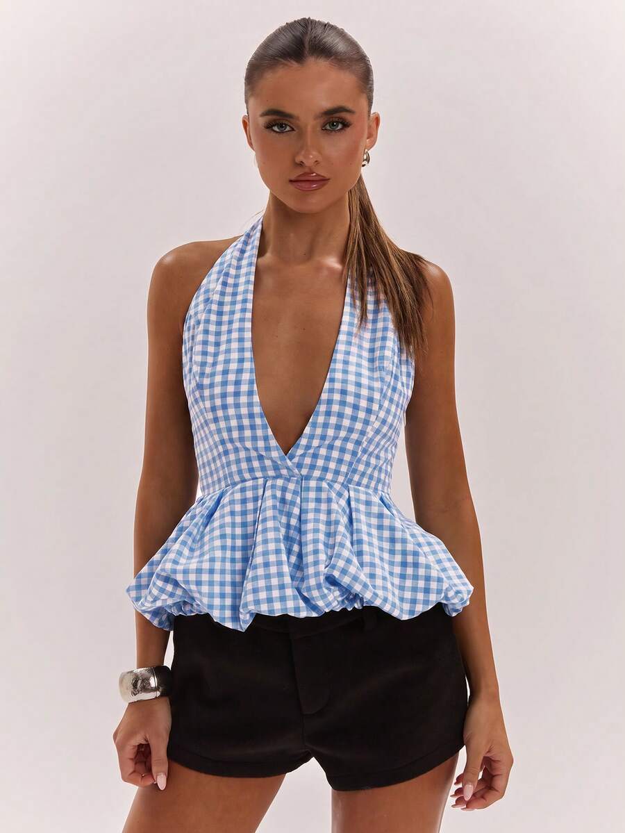 SHEIN BAE Women's Plaid Pleated Casual Sexy Cute Versatile Daily Brunch Vacation Outing Halter Top Blue And White Summer - Baby Blue - View 1