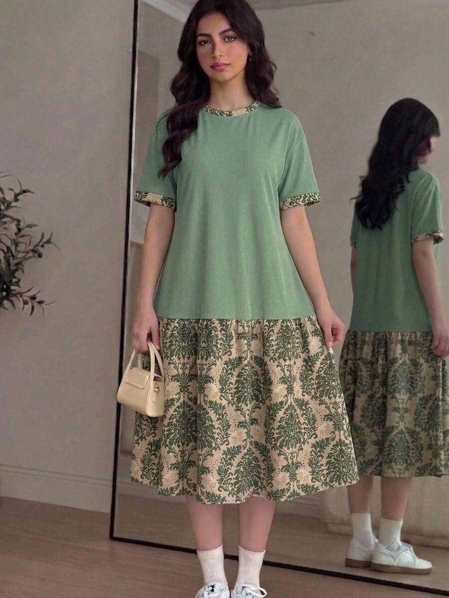 青少年女孩休閒簡約短袖卡通印花中長洋裝,適合春夏穿著 - 彩色 - 查看 1