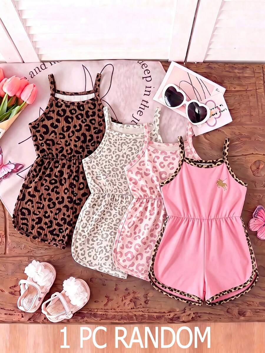 1 Random Piece, Girls' Summer Jumpsuit Vacation Pink And Brown Cute Casual - Multicolor - View 1