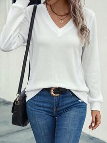 SHEIN LUNE Women's Solid Color V-Neck Long Sleeve Casual Versatile Sweatshirt - White - View 6