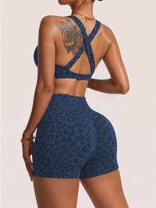 Slayform Slayform 2pcs Leopard Print Twisted Cross Bra & Shorts Sports Set - Navy Blue - View 2