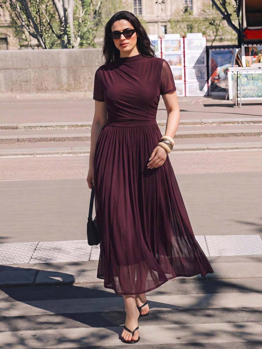 Maija Plus Size Women's Solid Color Short Sleeve Pleated Hem Elegant Dress - Red Violet - View 1