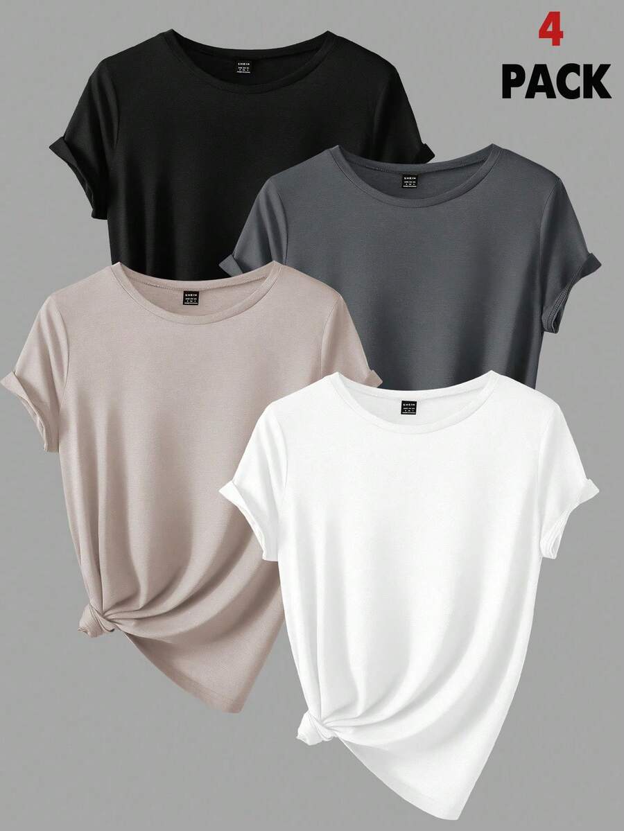 INAWLY 4 Piezas Camisetas De Manga Corta Con Cuello Redondo unicolor - Multicolor - Ver 1