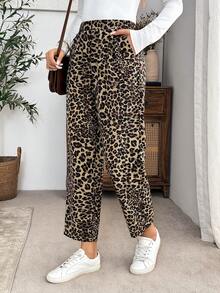 EMERY ROSE Celana Panjang Kasual Wanita Motif Leopard dengan Saku untuk Pemakaian Sehari-hari - Coklat - View 1