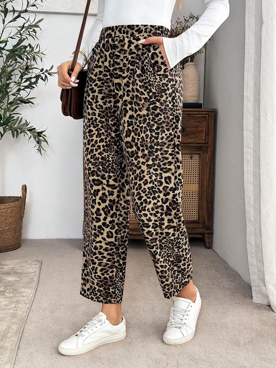 EMERY ROSE Celana Panjang Kasual Wanita Motif Leopard dengan Saku untuk Pemakaian Sehari-hari - Coklat - View 1