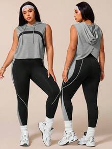 SHEIN Rhythm Era 女款運動瑜伽戶外健身運動套裝，抽繩連帽無袖寬鬆運動衫，胸前弧形對比色設計，緊身運動褲配條紋與色塊對比設計 - 彩色 - 查看 2