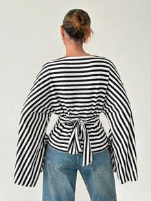 Siren Gaze Women's Striped Casual Versatile Long Sleeve T-Shirt For Daily Wear - Black and White - View 2