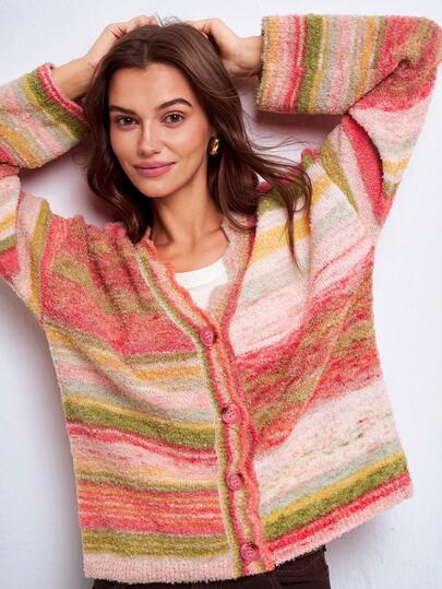 Dayvera Autumn Casual Colorful Striped Knit Cardigan