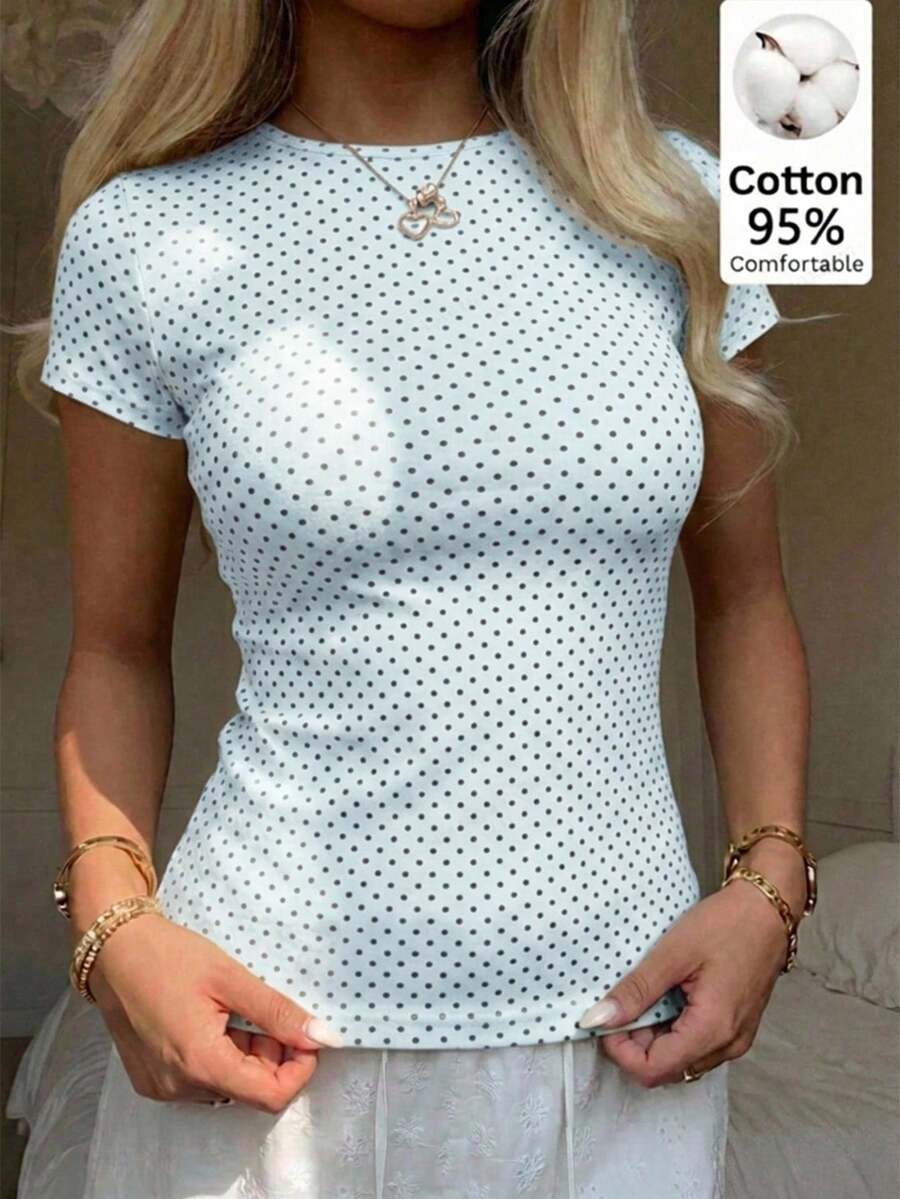CovetEZ 休閒簡約風 天藍色底灰色波點滿版印花女款休閒T恤,適合春夏,百搭風格 - 彩色 - 查看 1