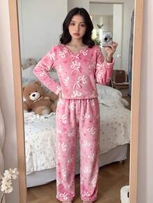 SHEIN 青少年女孩 V 領長袖秋季上衣與長褲睡衣套裝 - 淺粉色 - 查看 8