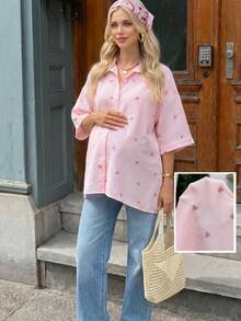 Lyckli Maternity Fashion Striped Bow Pattern Print Single-Breasted Shirt Fall - Pink - View 3