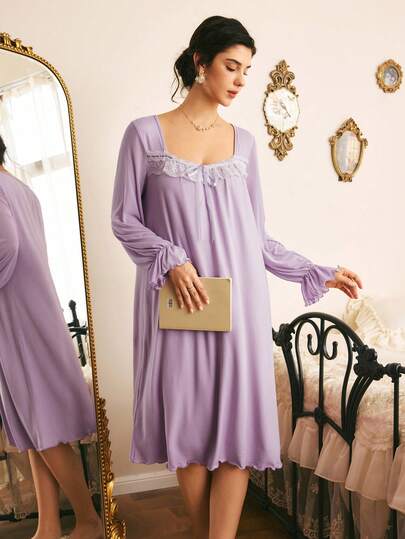 Côtesoire Women's Lace Patchwork Pleated Casual Daily Home Sleep Dress