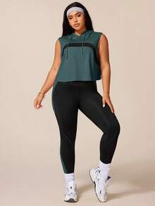 SHEIN Rhythm Era 女款運動瑜伽戶外健身運動套裝 抽繩連帽無袖寬鬆運動衫，胸前弧形拼色設計，搭配線條拼色對比緊身褲 - 彩色 - 查看 7