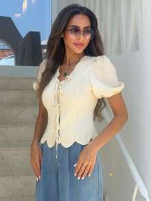 Alya Khalil Women's Summer Casual French Style/Work Brunch Petal Sleeve Tie Front Shirt Green And White Striped - Yellow - View 4