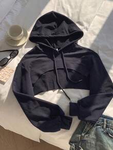 SHEIN EZwear 抽繩設計超短版休閒衛衣，黑白配色，秋冬長袖上衣，海軍藍女款衛衣 - 藏蓝色 - 查看 7