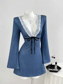 Elamini Plaid Lace Trim Tie-Front Dress - Multicolor - View 6