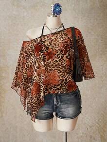 SHEIN ICON Plus Size Women's Leopard & Floral Print Asymmetrical Shoulder Asymmetrical Hem Mesh Top - Multicolor - View 1