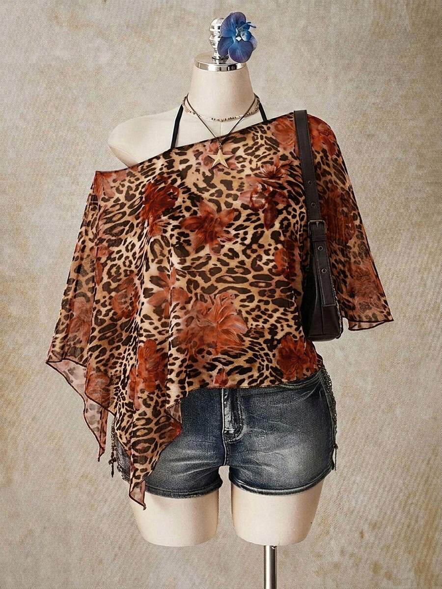 SHEIN ICON Plus Size Women's Leopard & Floral Print Asymmetrical Shoulder Asymmetrical Hem Mesh Top - Multicolor - View 1